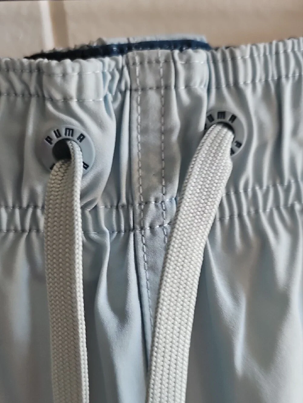 Puma Men’s Light Blue and Navy Swim Shorts with White Graphic Large